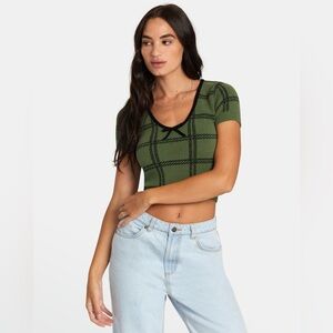 RVCA‎ XS Leaf Green Plaid Crop Sweater Betty Top Short Sleeve Grunge NWT